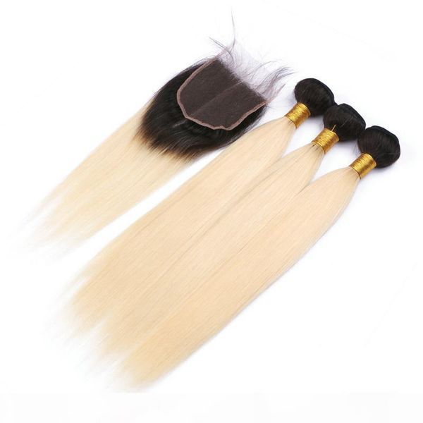 

#1b 613 blonde ombre peruvian human hair straight weaves with closure ombre blonde 4x4 lace closure piece with virgin hair bundles, Black;brown