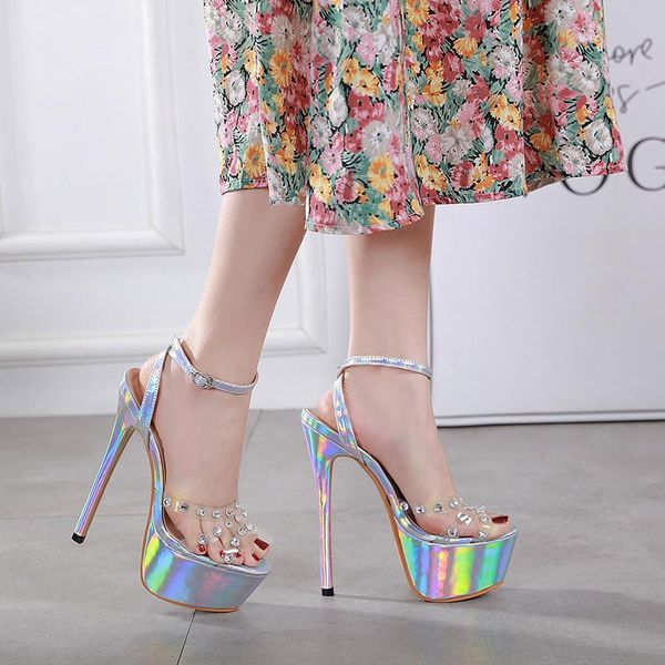 

transparent 16 cm high heel women sandals platform nightclub party shoe size 34-40, Black