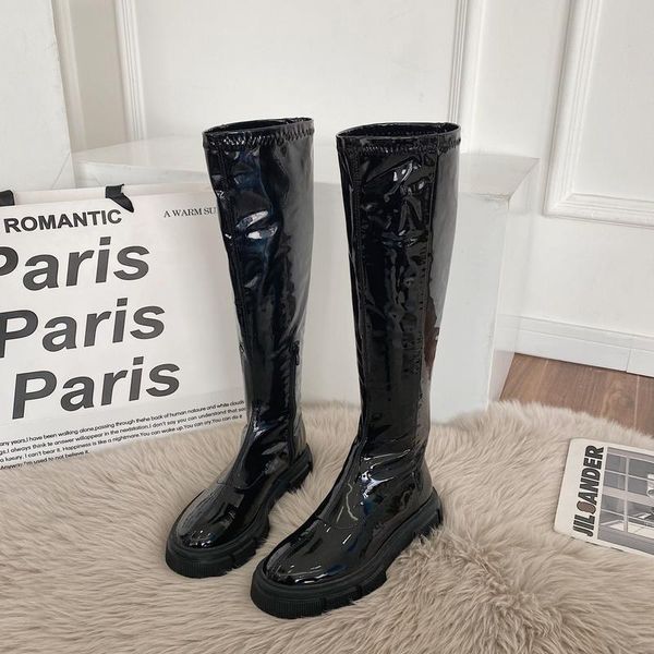 

boots patent pu leather women knee high platform square heel motorcycle black white red shoes big