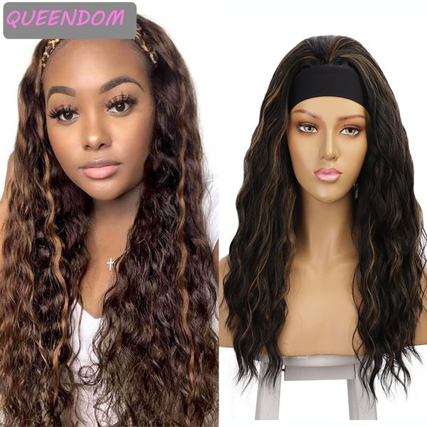 

long body wave headband wigs for women black mix brown natural synthetic wave wig with scarf heat resistant cosplay headwrap wig