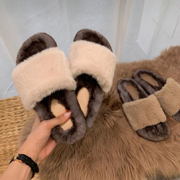 

slippers shoes womens outdoor fur flip flops pantofle med platform flock multicolored sandals slides plush 2021 flat mixed color, Black