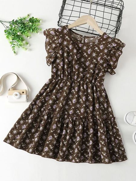 

girls floral print ruffle trim keyhole back dress she, Red;yellow