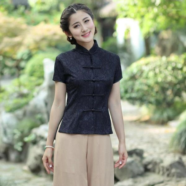 

elegant black lace shirt women's short sleeve blouse vintage chinese button mandarin collar cheongsam tang clothing blouses & shir, White