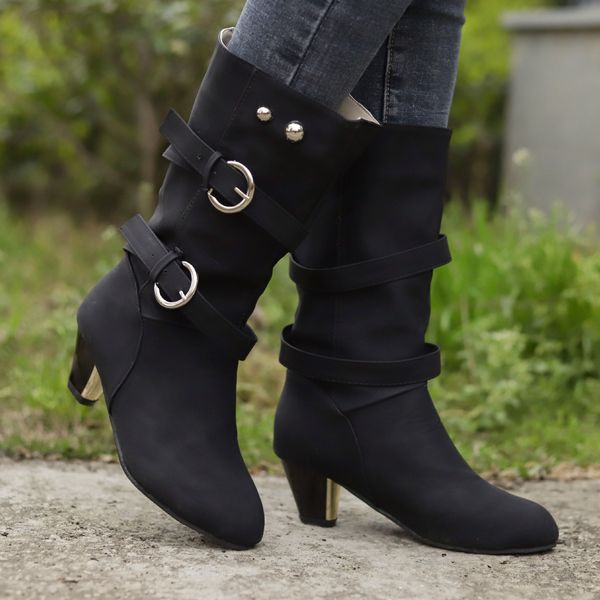 

414243 yards autumn and winter new korean style chunky heel middle boots belt buckle mid heel boots plus size in stock, Black