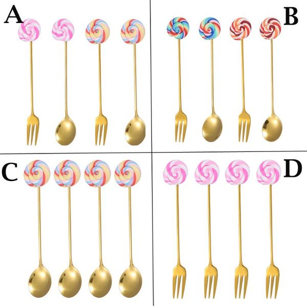 

flatware sets 4pcs gold spoon forks stainless steel coffee stirring teaspoon lollipop handle tableware for dessert cake ice cream salad hone