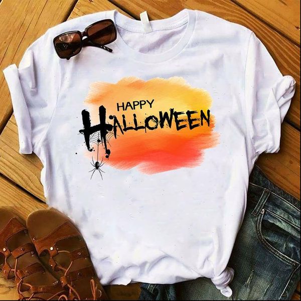 

women t shirt happy halloween print tshirt women short sleeve o neck loose t shirt ladies summer causal tee shirt clothes, White
