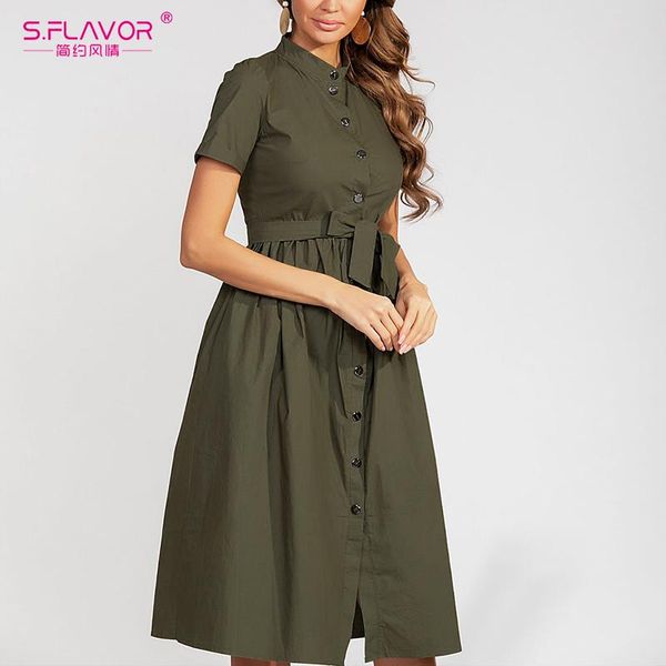 

s.flavor women solid color cotton dress elegant single button stand collar casual dress for female 2021 summer fashion vestidos, White;black