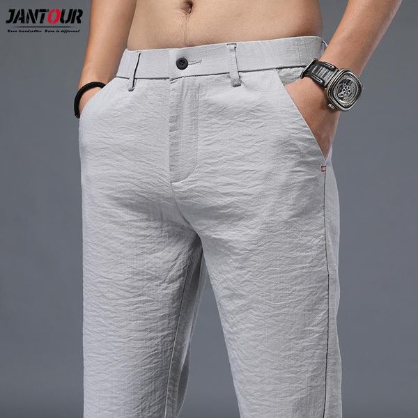 

men's pants jantour summer casual men trousers male pant slim fit work elastic waist light thin cool breathable, Black