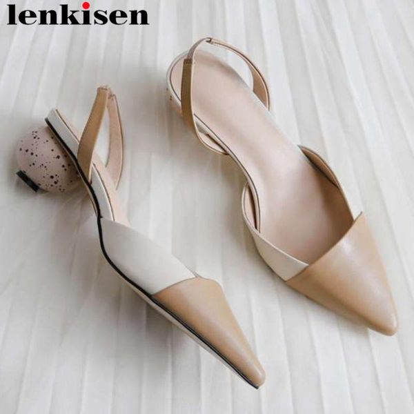 

dress shoes lenkisen full grain leather mixed colors pointed toe women sandals strange style med heels slip on office lady casual l20, Black