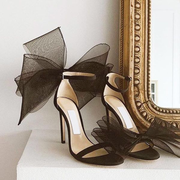 

sandals butterfly knot high heel black white satin summer dress shoes cut-out ankle wrap wedding bride