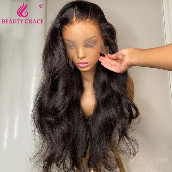 

long women 30 inch body wavy lace front wig brazil non-adhesive lace forehead human hair wig pre-drawn silk wavy closure hd seamless, Black