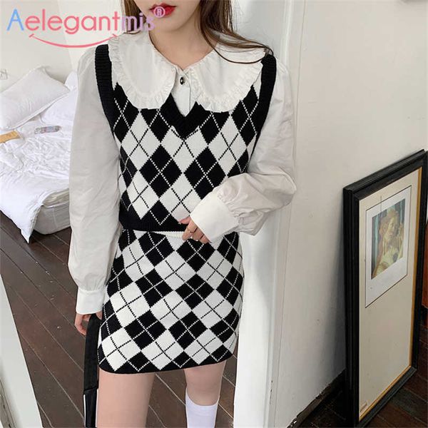 

aelegantmis vintage aegyle two piece set women mini bodycon skirt plaid lady elegant cropped argyle vest & skirts korean chic 210607, White