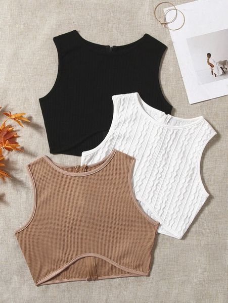 

3pcs zip back asymmetrical hem tank c2cg#, White