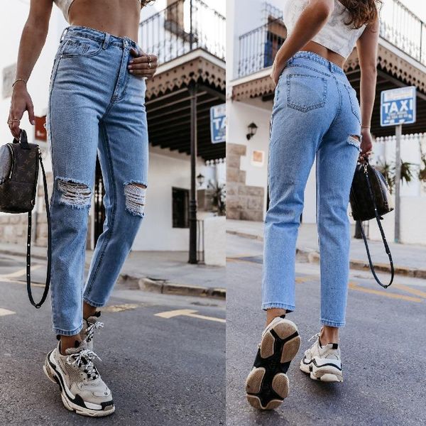

women's jeans fashion vintage ripped hole long pants solid women spring summer casual high waist slim denim trousers streetwears, Blue