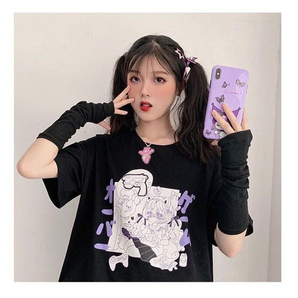 

goth women's t shirt aesthetic loose punk dark rock streetwear ladies gothic tee harajuku oversize clothes, White
