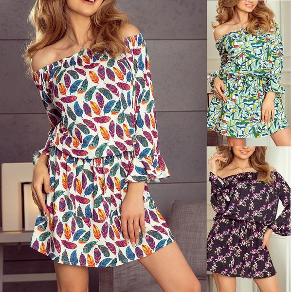 

casual dresses women summer long sleeve dress flare off shoulder lace up print short party, Black;gray