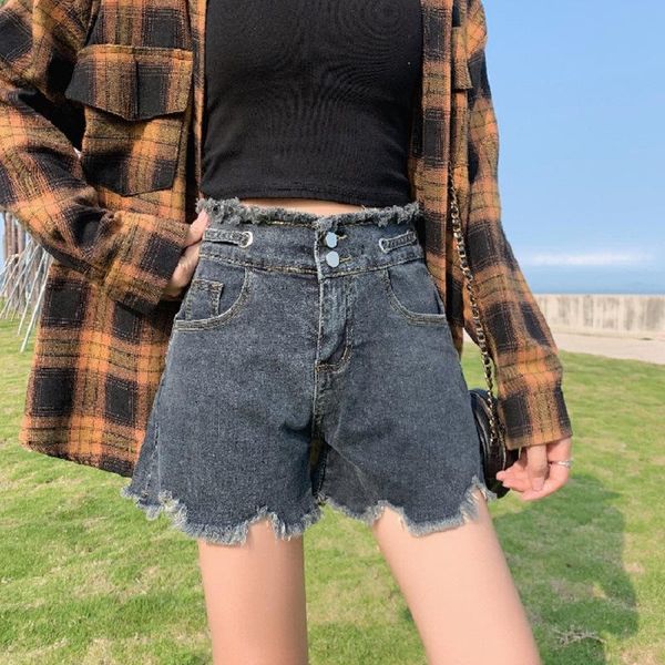 

gonegoing 2021 summer new women solid color black denim shorts high waist irregular length wide leg jeans shorts 070708, White;black