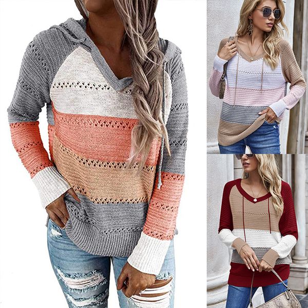 

autumn and winter european and american womens long sleeve loose hollow out contrast color knitted sweater hoodie, White;black
