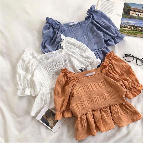 

women's blouses & shirts summer 2021 korean solid short sleeve white cotton chiffon women and bloues