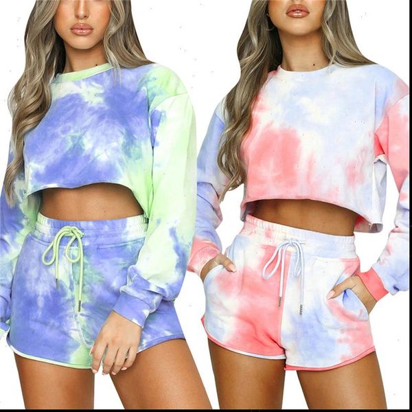 

womens tie dye sportswear two piece suit, personalized long sleeved pullover short high waist lace up shorts, Gray