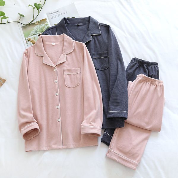 

2021 spring new couple pajamas women autumn and winter striped long-sleeved home service men's plus size two-piece suit pvmf, Black;brown