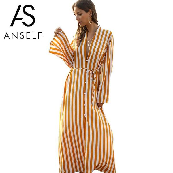 

casual dresses 2021 long sleeve shirt dress boho summer women striped print loose a-line maxi beach sundress vestidos, Black;gray