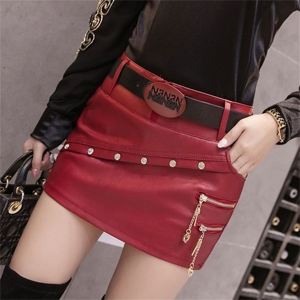 Koreanischer Niet Reißverschluss mit Gürtel Sexy Mini Röcke Womens Herbst Winter Mode PU Leder Rock Jupe Femme Schwarz Rot B9N326 210310