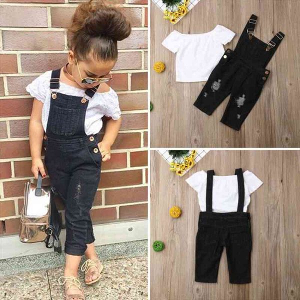 

toddler kid baby girls lace bib pants jeans 2pcs outfits summer clothes for children kids, White