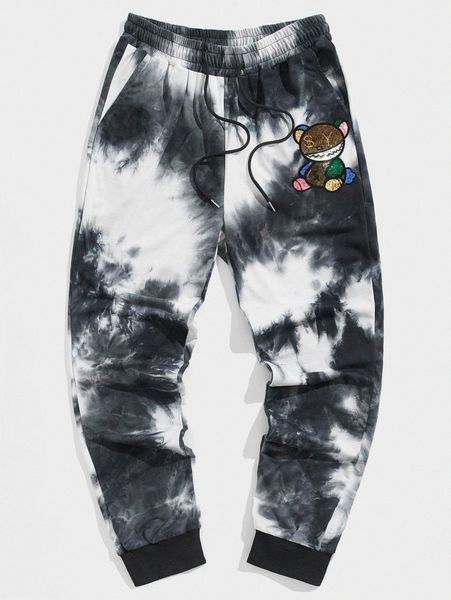 

romwe guys cartoon bear graphic tie dye drawstring sweatpants e31m#, Black