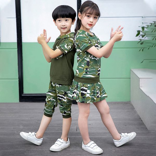 

2021 new children kids camouflage military uniform tactical army suit boys girls hooded t-shirt training clothing set dance performance bwep, White;black
