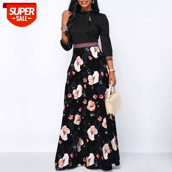 

women long maxi dresses boho floral hollow neck three quarter sleeve ethnic summer beach female stylish style dress #ps1u, Black;gray