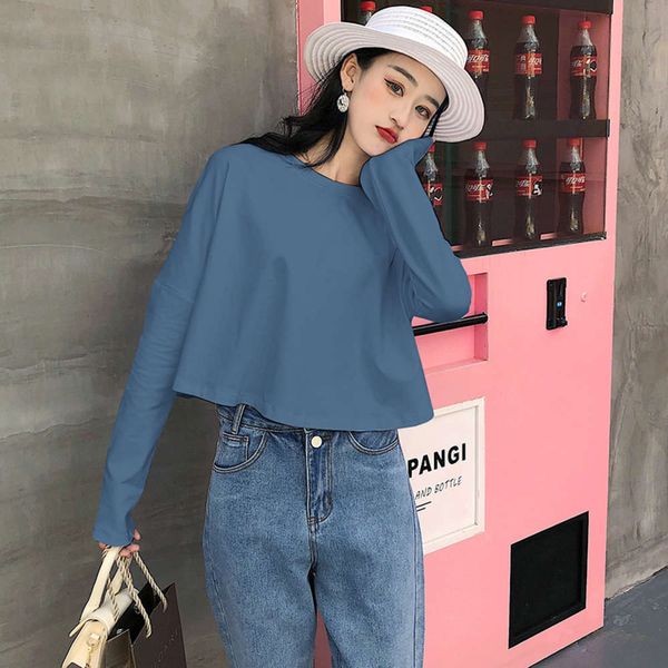 

haze blue base shirt women's long sleeve loose ultra short open high waist leakage navel dress cotton t-shirt, White