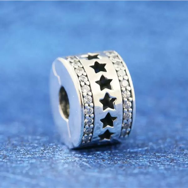 Gioielli di design Bracciale in argento 925 con ciondolo perline adatto a Pandora Love Fila di stelle Clip con tappo Bracciali scorrevoli Perline Charms in stile europeo Perline di Murano