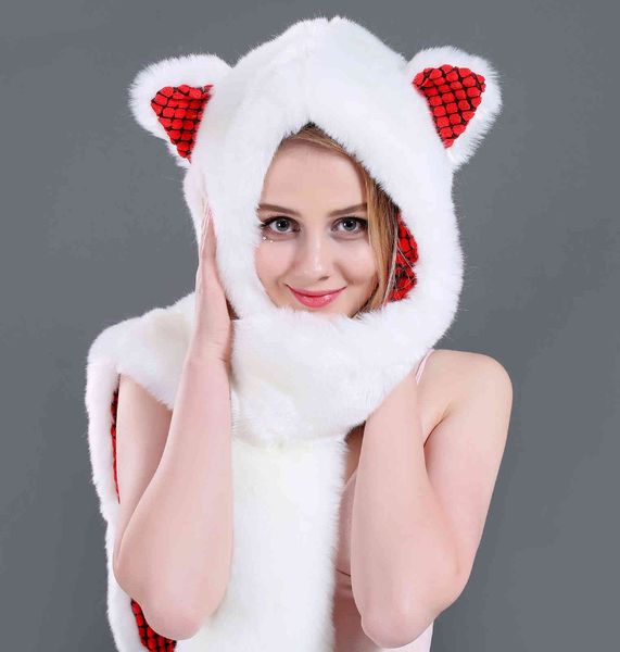 

hat imitation fur plush cartoon animal scarf glove integrated, Blue;gray