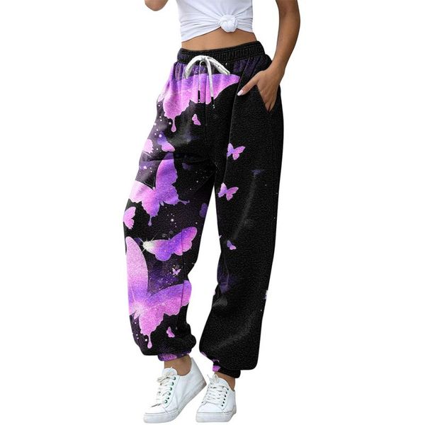 

women's pants & capris streetwear cartoon butterfly print women autumn elastic high waist pocket trousers urban draped jogger sweatpant, Black;white