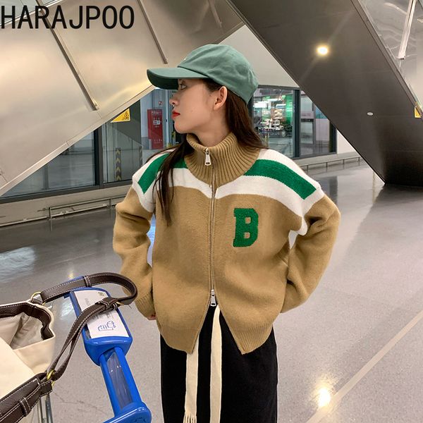 

cardigan harajpoo female zipper fashion women autumn winter thickening 2021 new vintage striped knitted crop turtleneck sweater, White;black