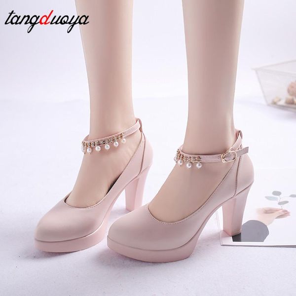 

dress shoes plus size 41 women wedding string bead ankle strap high heels platform bridal pearl pumps 7.5cm, Black
