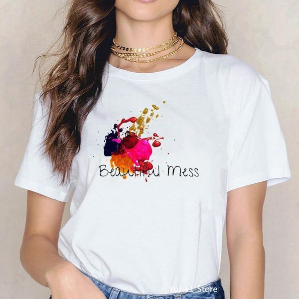 

finger nail paint beautiful mess print vogue t shirt women harajuku kawaii graphic tshirt summer casual cotton shirt, White