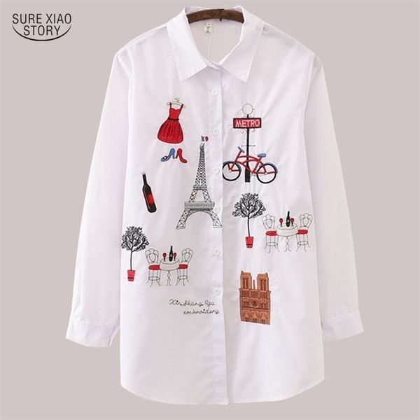 

new white women blouse long sleeve cotton embroidery blouse lady casual button design turn down collar female shirt 5083 210225