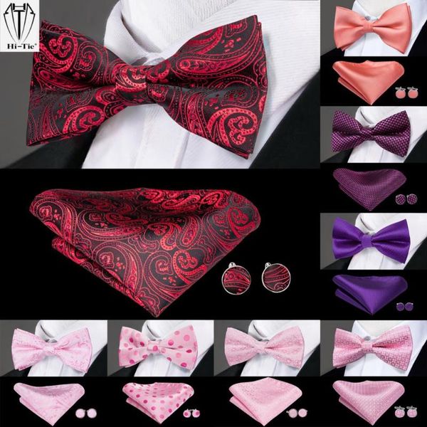

bow ties silk mens butterfly pre-tied bowtie hanky cufflinks set paisley plaid solid floral tie adjustable wedding party, Black;gray