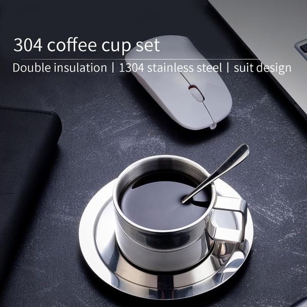 

mugs 180ml stainless steel coffee cup set spoon and saucer tea milk durable insulated home office cafe