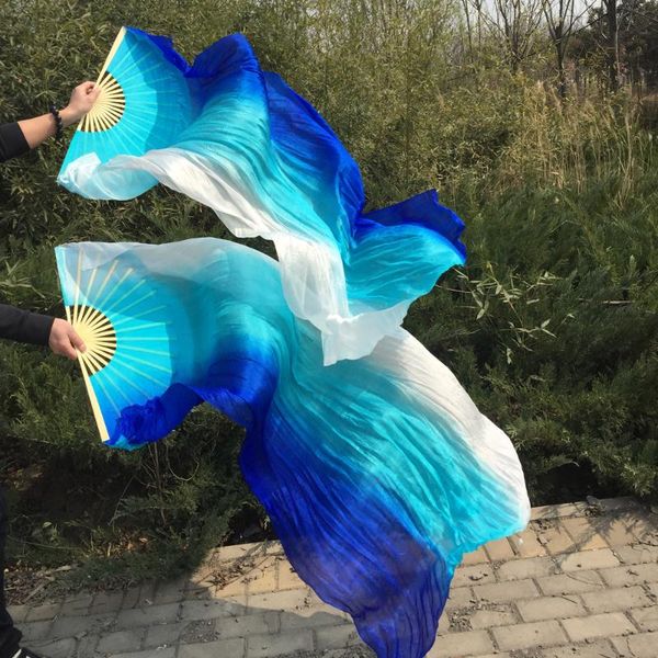

women new 1 pair(left+right) 100%real silk belly dance fan veil 1.8m blue+sky blue+white, Black;red