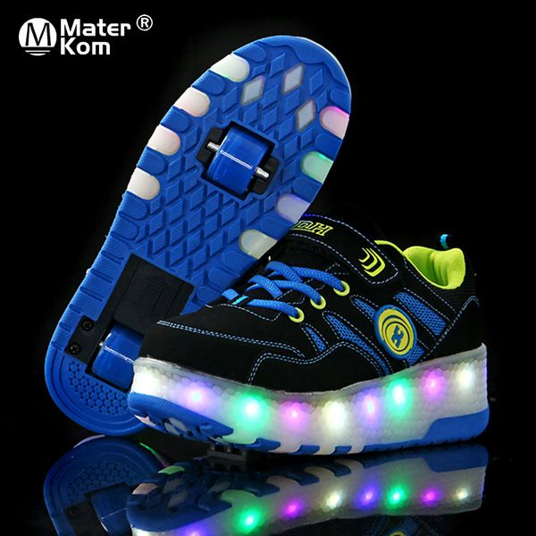 Boyutu 28-40 Çocuk LED Sneakers Çocuklar Için Çift Tekerlekler Üzerinde Boys Aydınlık Paten Ayakkabı Kızlar Parlayan Tekerlek Ayakkabı Işık Ile 210312