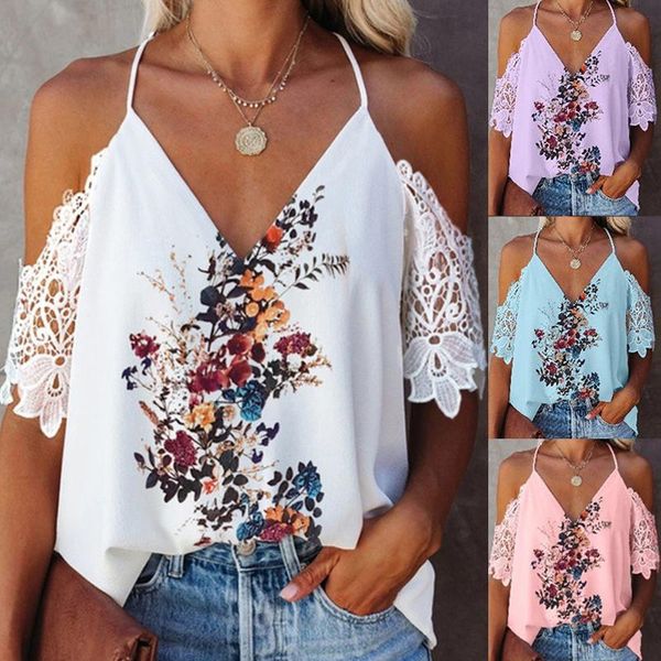 

women's t-shirt lace sling fashion loose casual floral print off shoulder v-neck summer beach vacation clothing, White
