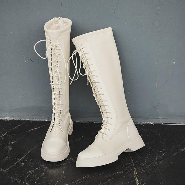 

boots cozok women's knee-high genuine leather warm zip med heel autumn winter white knight round toe female casual shoes, Black