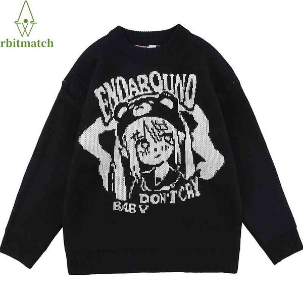 

mens fashion japane anime cute girl cartoon knitted sweater 2021 autumn harajuku loose hipster cotton pullover unisex, Black