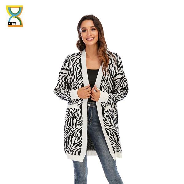 

women's knits & tees cgyy leopard patchwork autumn winter 2021 ladies knitted sweater for women collarless neck full sleeve open front, White