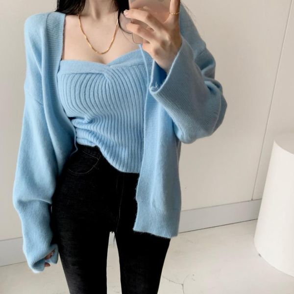 

women's sweaters korean chic temperament slim knit suspender vest + soft long sleeve cardigan sweater coat two-piece set suit women, White;black