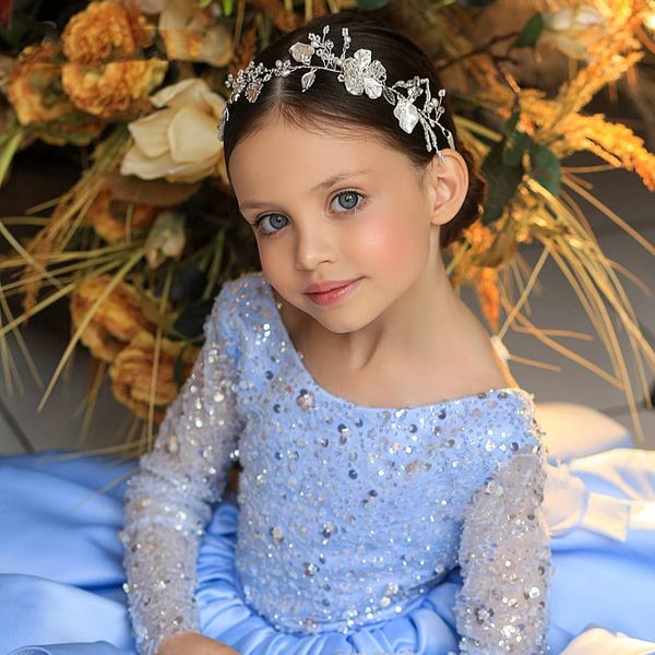 Блестящие синие платья с цветочным узором для девочек, 2022 год, платье с блестками для маленьких девочек, пышное платье принцессы, милые маленькие дети, торжественное мероприятие на день рождения, первое причастие, Even215h