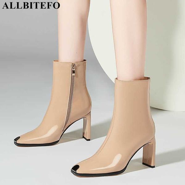 

allbitefo metal toe design fashion genuine leather motocycle boots high heels women ankle boots high heel shoes women boots 210611, Black